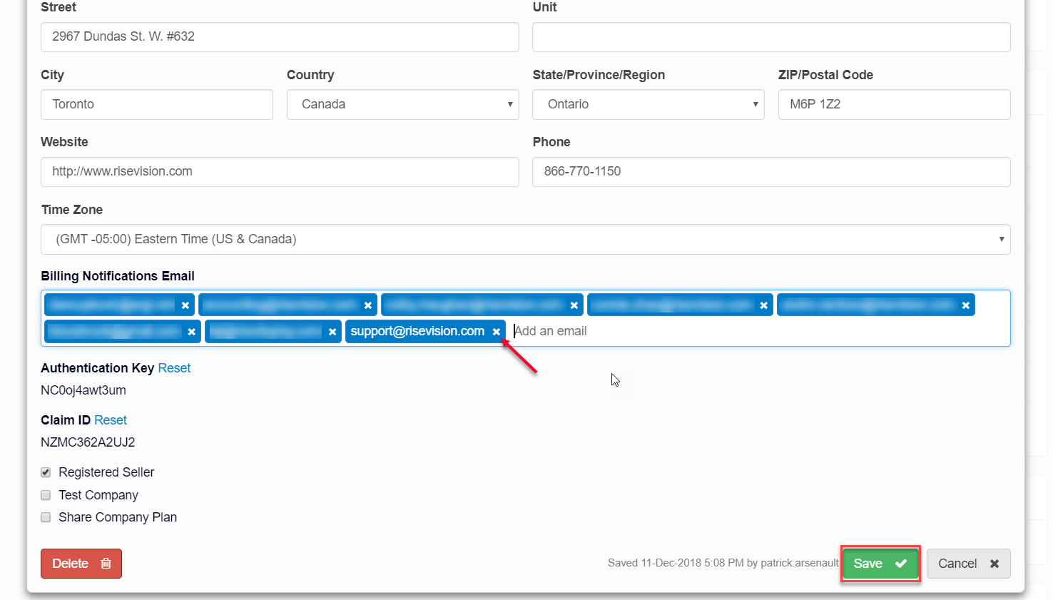 How do I change who receives billing notifications? Rise Vision